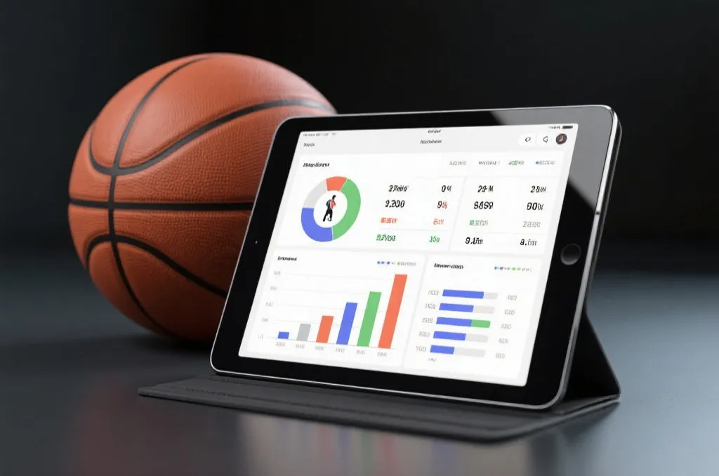 A modern tablet displaying detailed basketball player statistics charts and graphs next to a basketball